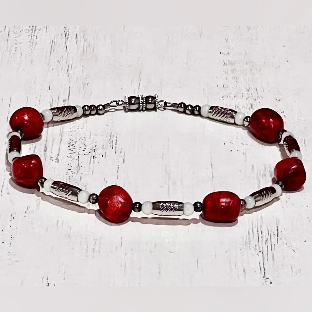 Red, Silver and White Handmade Jasper Beaded Bracelet